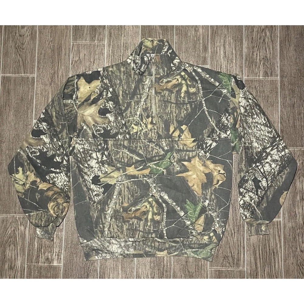 VTG Jerzees Quarter Zip Sweatshirt Mens L Camo Mossy Oak Break-Up Fleece
